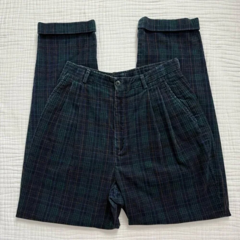 Lands' End 100% cotton navy blue plaid corduroy trousers size 10 Reg pants -Vtg?